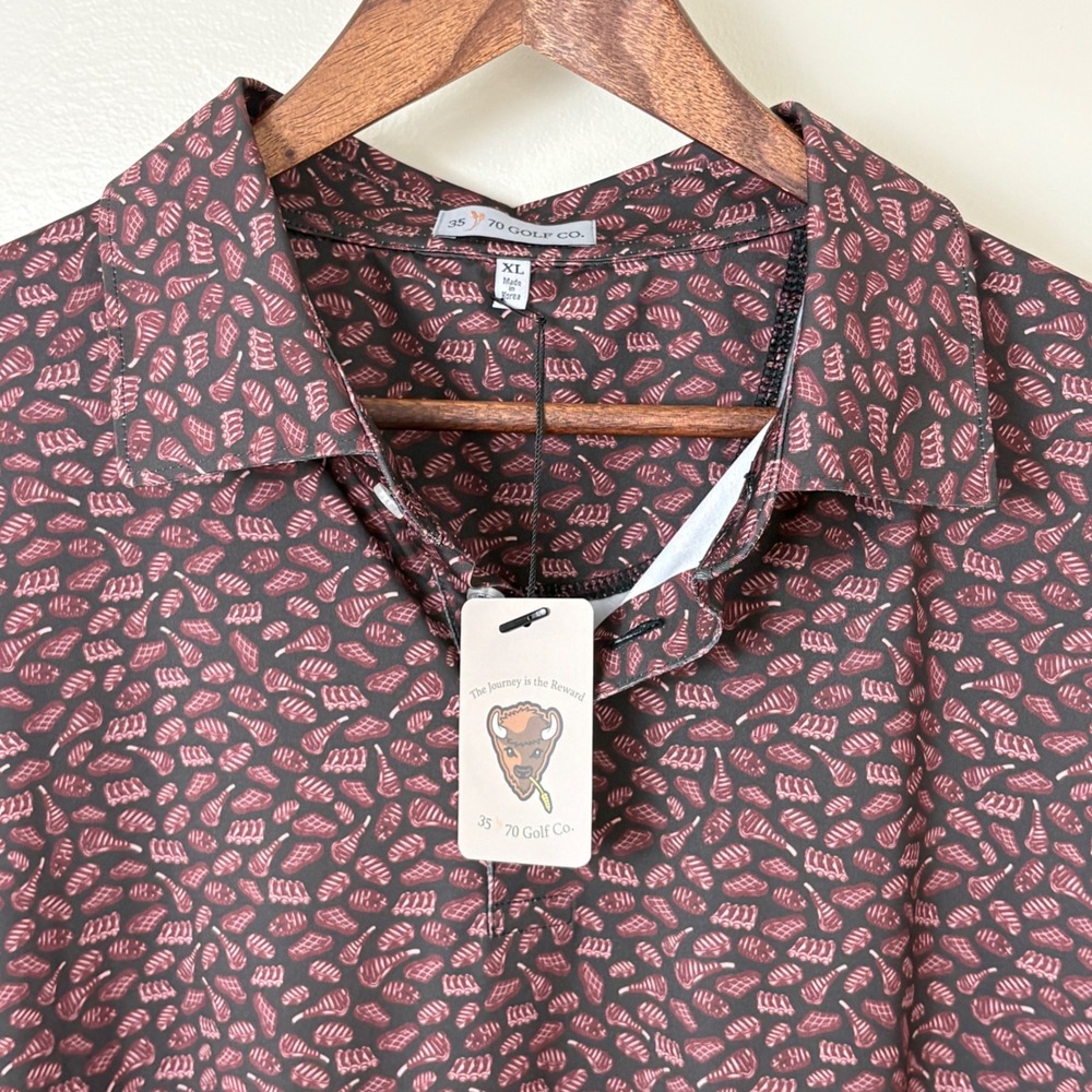 35 70 Golf Co Meat Print Polo Men XL Maroon NWT Steak Ribs BBQ Grill Fathers Day